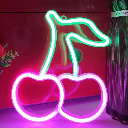 Cherry Neon Sign LED Light Green & Pink USB/Battery Powered Table & Wall Decor Lamp, Bedroom Aesthetic Night Light for Party, Wedding, Birthday, Home & Gift Decoration